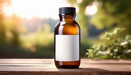 glass bottle mockup with a blank customizable label standing on a wooden surface with soft natural lighting