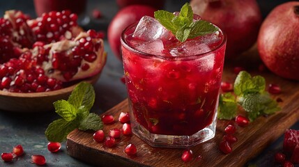 Refreshing pomegranate drink with ice cubes and mint leaves, a fruity and colorful beverage on rustic wooden board, seeds scattered around for a vibrant display.