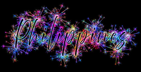 Kolorowe fajerwerki i zimne ognie układające się w napis z nazwą Państwa: Filipiny © Blue Pixel