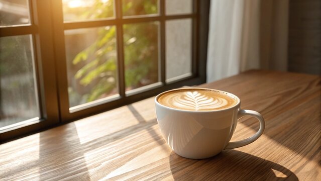 Cup of coffee latte art near window on wooden table in morning sunlight relaxing coffee break time