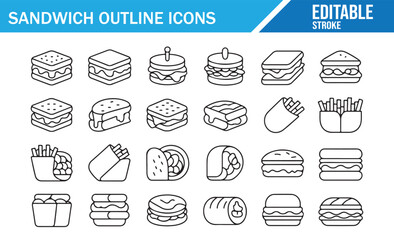 Editable stroke food illustration set of sandwiches and snacks