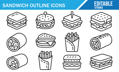 Modern line food icons set with burgers, wraps, and rolls