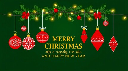 Festive christmas ornaments and lights on green background