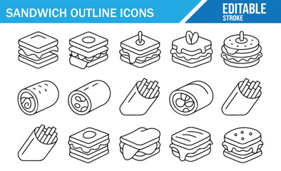 Clean stroke food icon set including burgers, wraps, and fries