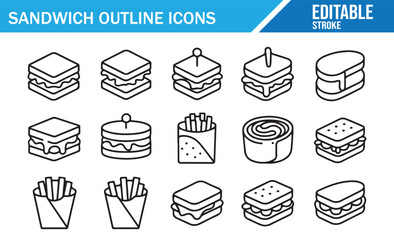 Sandwich and fast food outline icons set in editable stroke style