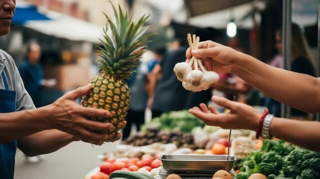 Buying fresh pineapple and garlic at local farmer market, healthy food, nutrition