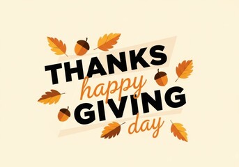 Happy thanksgiving day text with autumn leaves and acorns, a festive and seasonal greeting design for the holiday celebration