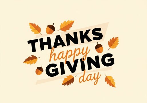 Happy thanksgiving day text with autumn leaves and acorns, a festive and seasonal greeting design for the holiday celebration