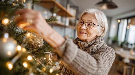 An elderly woman decorates a Christmas tree, embodying the warmth and joy of the holiday season in a cozy home environment.