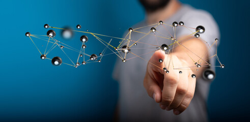 Abstract network connection of the hand points towards a complex digital structure. Representing information, c