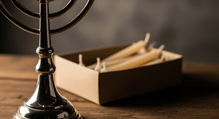 Soft-Focus Background: A Dusty, Unopened Box of Old Hanukkah Candles, Foreground: Polished Menorah