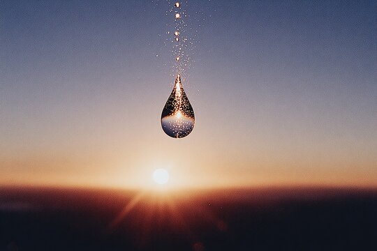 Droplet suspended against vibrant sunset, reflecting colors of nature's beauty