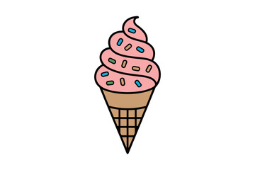 A pink ice cream cone with sprinkles sits on a white background.