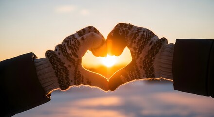 Hands forming a heart shape around a glowing sunset in winter