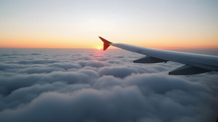 Experience breathtaking aerial view of vibrant sunset over clouds from airplane window seat today
