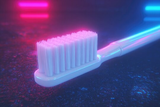 Brightly lit toothbrush on reflective surface, showcasing modern design and colors