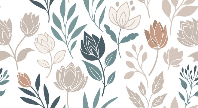 Delicate botanical illustration featuring stylized floral and foliage elements in muted earthy tones, creating a serene and natural pattern.