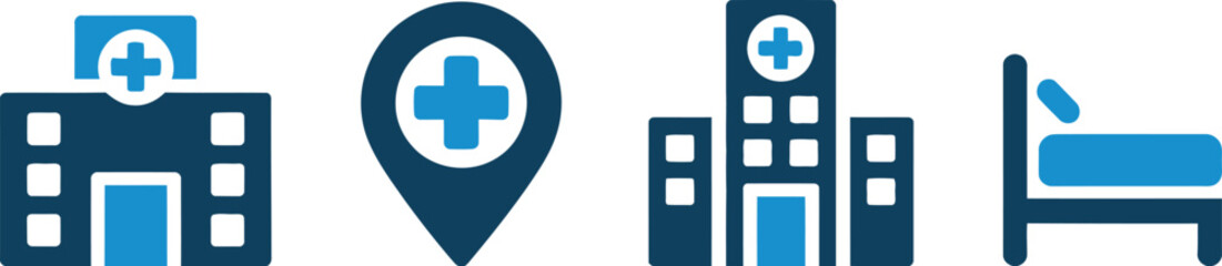 Fototapeta premium Medical and Hospital Icons Buildings, Location Pin, and Bed Symbolizing Healthcare Services and Facilities