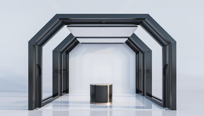 Modern minimalist exhibition booth with sleek black framing and illuminated ceiling, featuring a central display pedestal for product launch presentations.