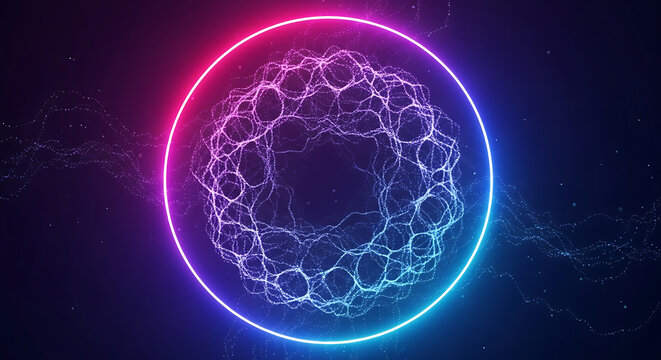 Abstract neon circle with plexus structure inside glowing ring with connected dots and lines