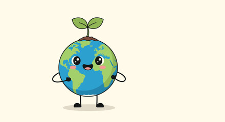 A cheerful cartoon Earth character with a sprouting plant on top stands with arms outstretched, promoting environmental awareness and sustainability.