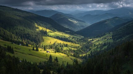 Majestic mountains veiled in mist, lush forests and meadows below. A scenic landscape that speaks of nature's grandeur. A perfect vista to soothe the soul.