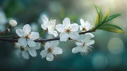 A branch bursting with white blossoms captures the essence of spring's renewal. Delicate petals and fresh green leaves against a blurred backdrop create a tranquil scene.