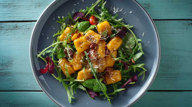 A top down view of gnocchi salad with arugula and cherry tomatoes on a blue plate on a blue table