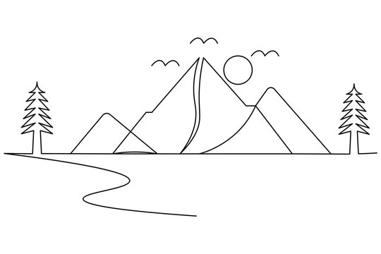 Abstract  mountain  continuous one line drawing of a view with tree and path, ideal for posters and minimalist decor.