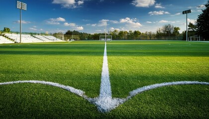a high school sports field lawn with white painted lines and a goalpost in the background