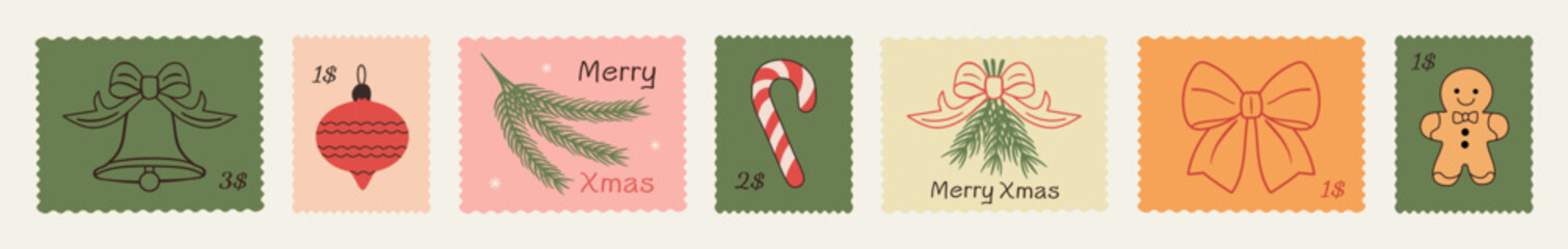 Hand-drawn doodle-style winter vacation postage stamps featuring Christmas and New Year motifs  charming postmarks perfect for posters, postcards, mail art, and festive scrapbooking designs.Vector art © Bochana