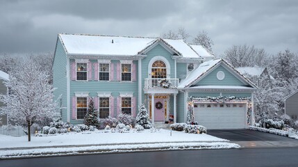 A picturesque two-story house is adorned with holiday cheer, its roof and lawn covered in a pristine blanket of snow. The house's light blue exterior adds a touch of whimsy.