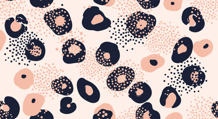 Abstract leopard print pattern with dark navy and blush pink spots on a pale beige background, seamless repeat for fashion and interior design.