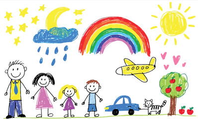 Fototapeta premium Childrens drawing of family sun rainbow airplane and cat