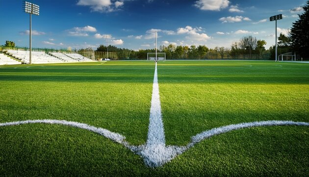 a high school sports field lawn with white painted lines and a goalpost in the background - Powered by Adobe