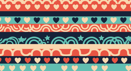 Colorful striped pattern featuring hearts, waves, and stars in a repeating design, ideal for backgrounds, textiles, and playful graphic elements.