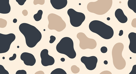 Seamless pattern featuring abstract organic shapes in shades of black, tan, and cream, reminiscent of cowhide or animal print, for versatile design applications.
