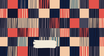 A colorful abstract background featuring a patchwork of vertically striped squares in shades of red, blue, and beige creates a modern, textured aesthetic.