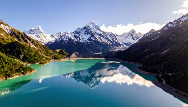 A stunning aerial view of a vibrant turquoise lake nestled between majestic snow-capped mountains and lush green hills, with the peaks perfectly mirrored in the