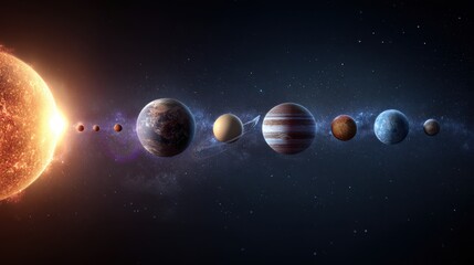 Our solar system with the sun and planets in orbit