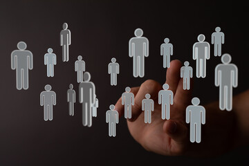 Concept of connection, network, and communication in digital world. Human hand touching people icons. Social ne