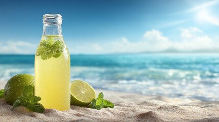 Refreshing lime & mint drink on a sandy beach. The bottle, limes & mint leaves add a tropical touch. Perfect for a hot day! Hydration meets relaxation, beach vibes.