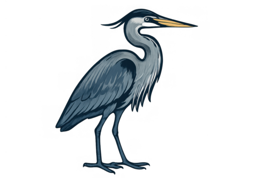 Great blue heron bird standing, wildlife drawing, wetland animal, wading waterfowl illustration design