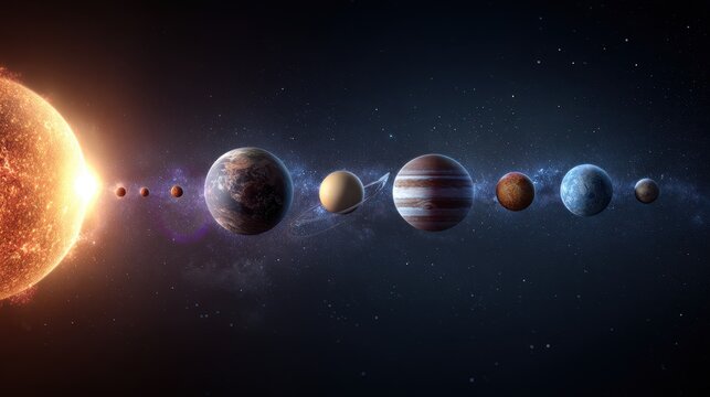 Our solar system with the sun and planets in orbit
