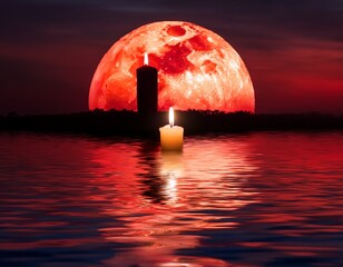 candle flickering alone on water surface beneath the glowing reflection of a red moon