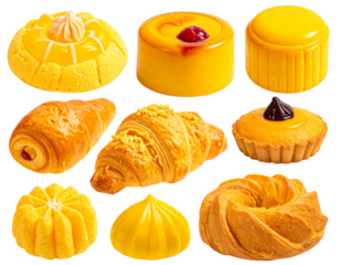 Assortment of baked goods, including pastries and cakes with various shapes and fillings, presented on a white background