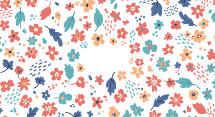 Delicate floral arrangement with scattered blooms and leaves in pastel shades creates a cheerful and inviting springtime background or border design.