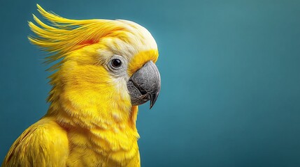 A bright yellow cockatoo with its impressive crest stands out against a cool blue background. The bird's intense gaze and the contrast highlight its beauty.
