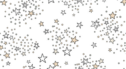 Delicate starfield pattern with varying sizes and shades of gold and gray stars scattered across a clean white background, creating a whimsical and dreamy aesthetic.