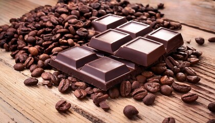 dark chocolate squares nestled amidst roasted coffee beans on rustic wood